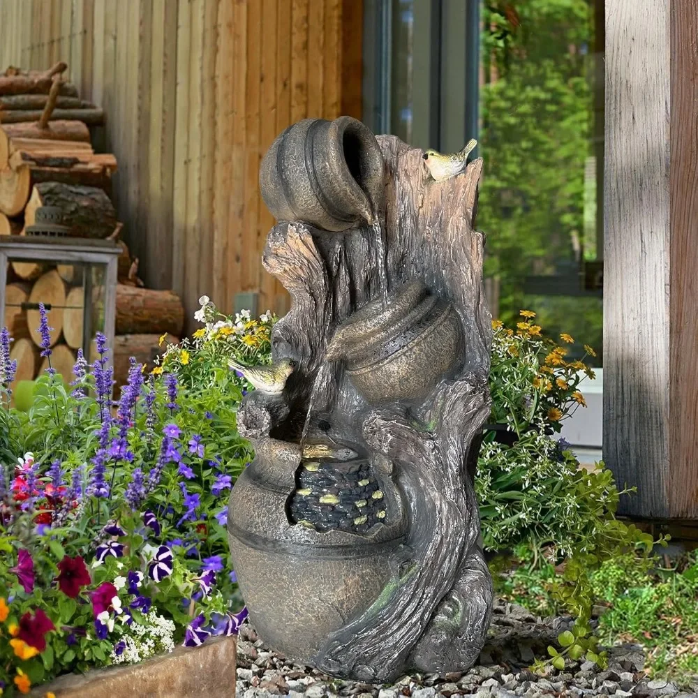 

Water Fountain Garden Standing Three Jars on a Tree Branch Fountain with LED Lights Adjustable Pump Perfect for Garden Decor