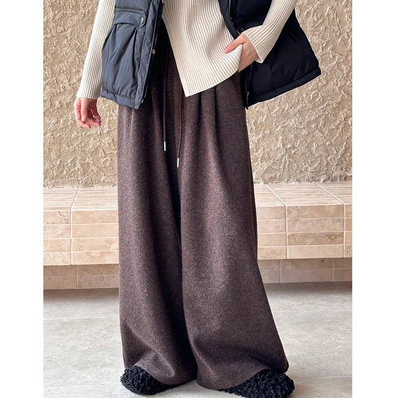 2024 Women Autumn Winter Wide Leg Pants Stretch High Waist Warm Pants Fashion Clothes Vintage Pants Female Trousers