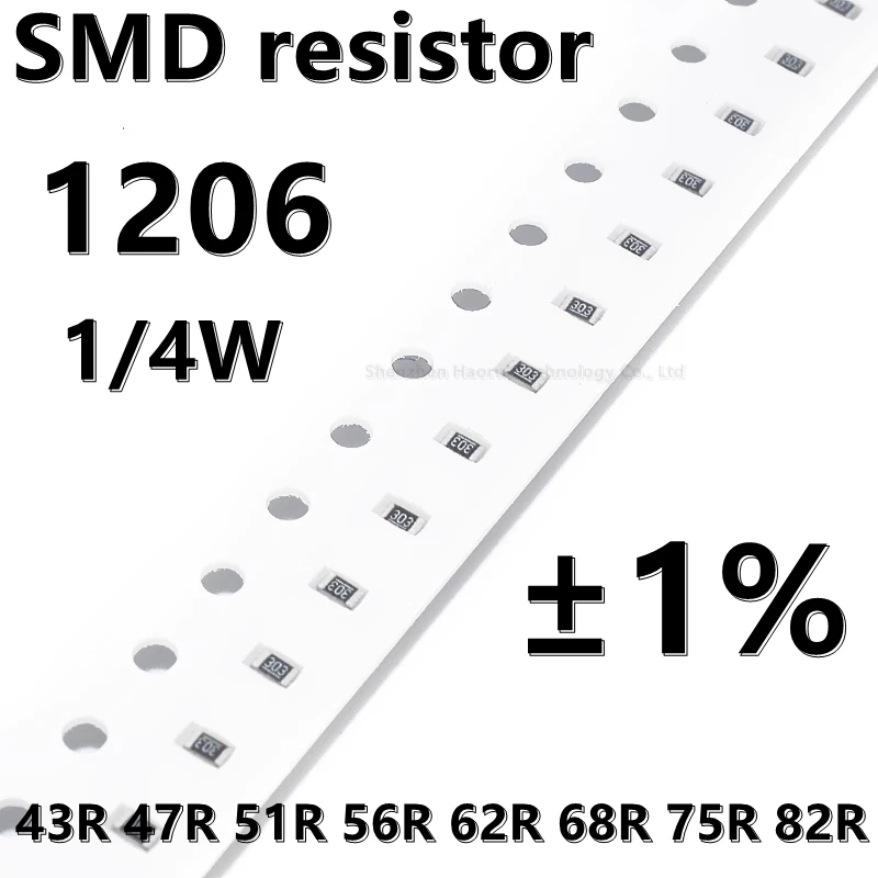 (100pcs) 1206 SMD resistor 1% 43R 47R 51R 56R 62R 68R 75R 82R 1/4W higher quality