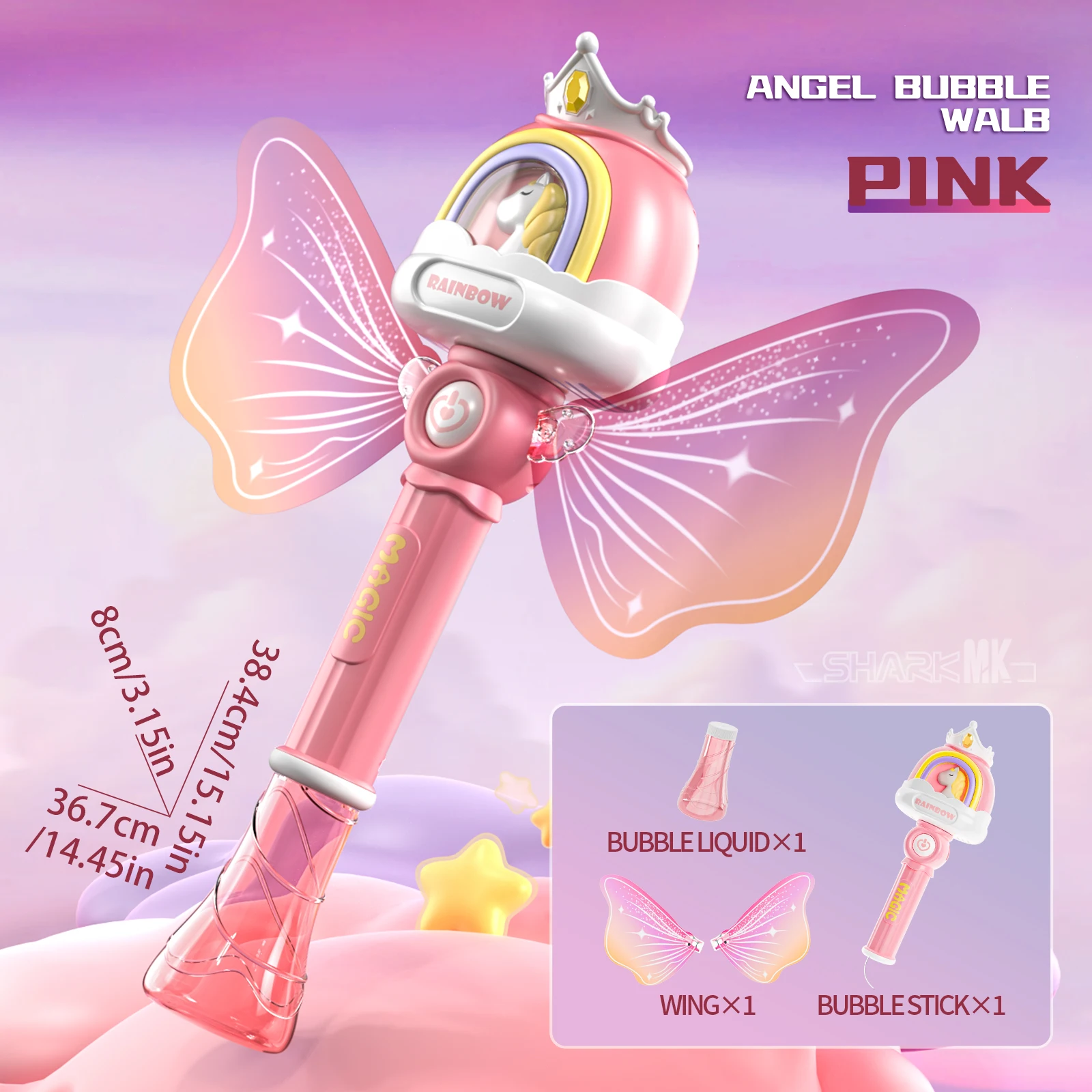 Machine à bulles automatique avec souffleur de bulles Pony Angel, avec lumières LED, jouet d'extérieur pour 3 ans et plus, Solution à bulles non incluse