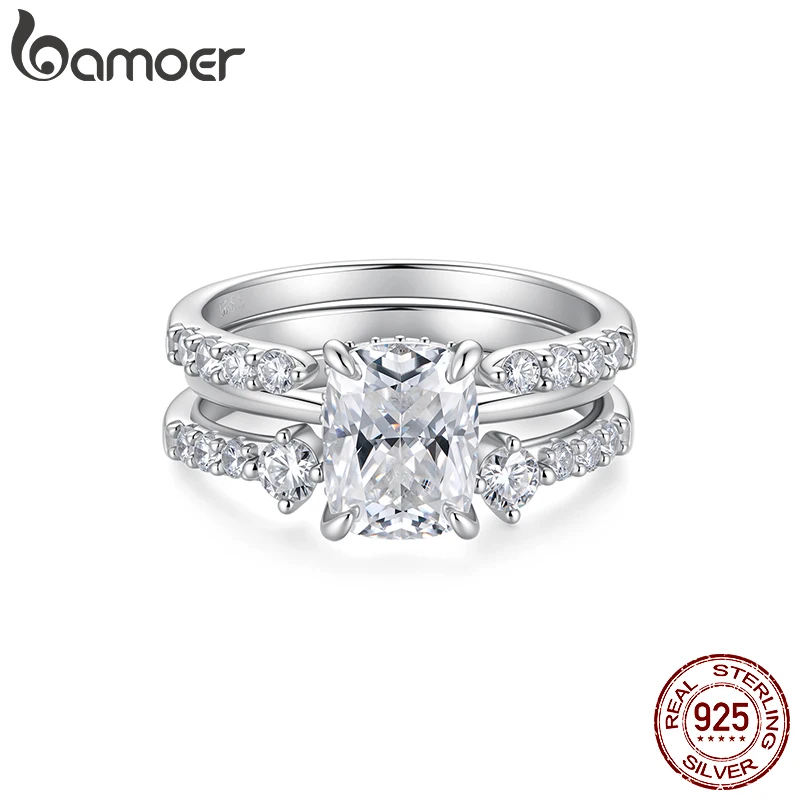 BAMOER 3CT Moissanite Ring Cushion-Cut 925 Sterling Silver VVS1 Classic Eternal Stackable Ring for Women Engagement Wedding