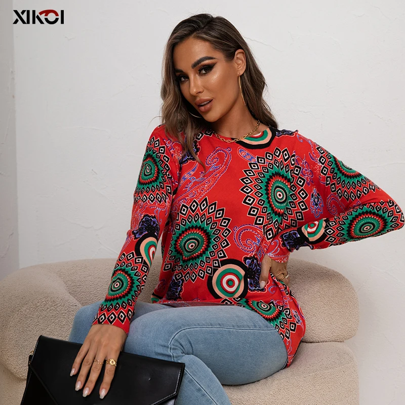 Ladies Autumn Winter Print Knitted Loose Sweater Women Pullover Tops Long Sleeve O Neck Casual Oversized Fashion Streetwear