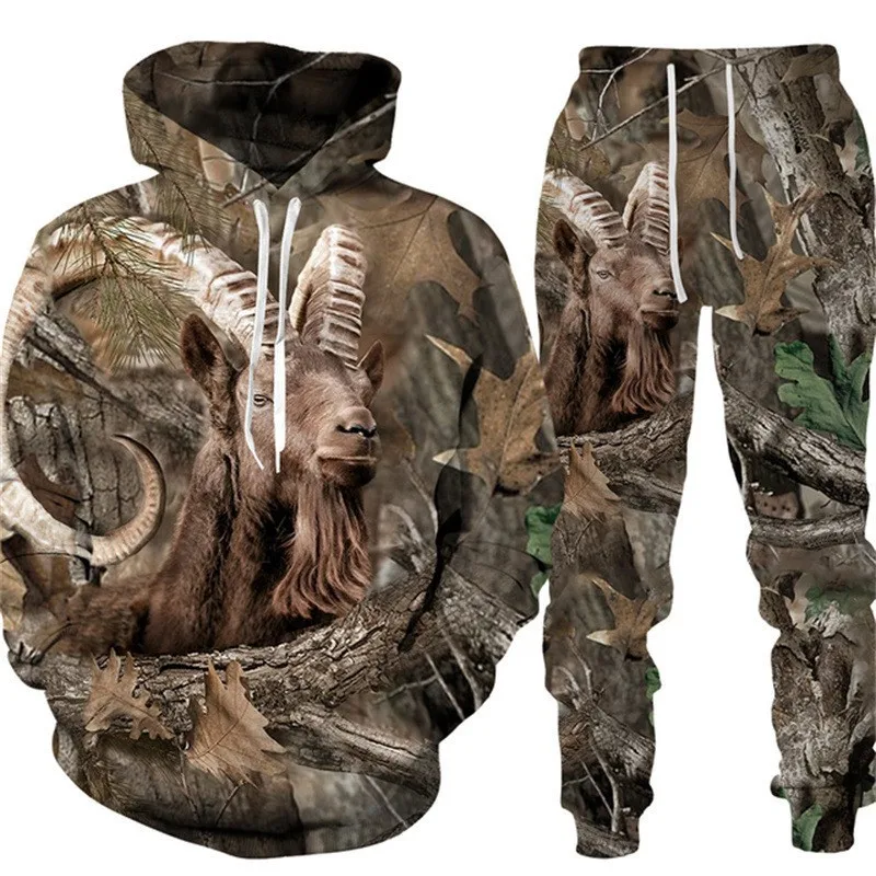 New Camouflage Hunting Animal Rabbit Hoodie Pant Suits 3D Print Men\'s Hooded Sweatshirts Outfit Tracksuit 2pcs Sets Men Clothing