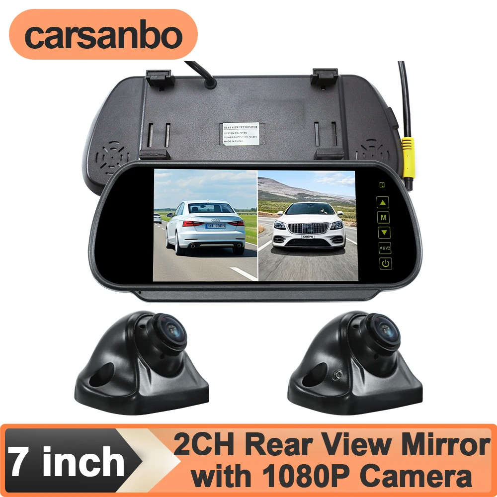 

Автомобильный монитор Carsanbo HD 7 дюймов с ЖК-экраном и 2 водонепроницаемыми камерами AHD 1080P, регулируемый дисплей, крепление на зеркало заднего вида