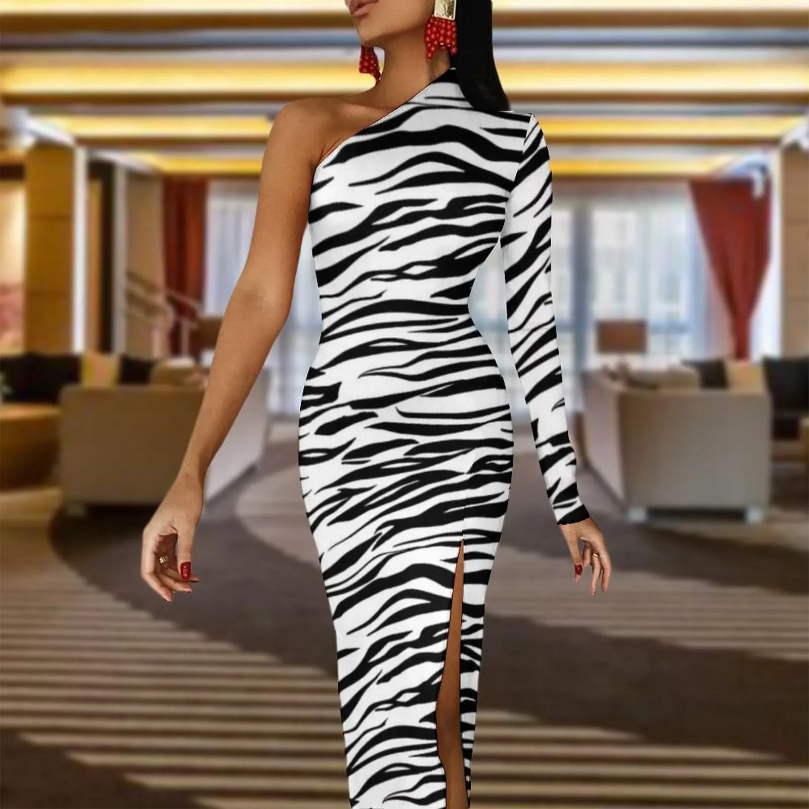 Black White Zebra Long Dress Women Animal Print Party Maxi Dress Autumn Long Sleeve Elegant Bodycon Dresses Side Split Clothing