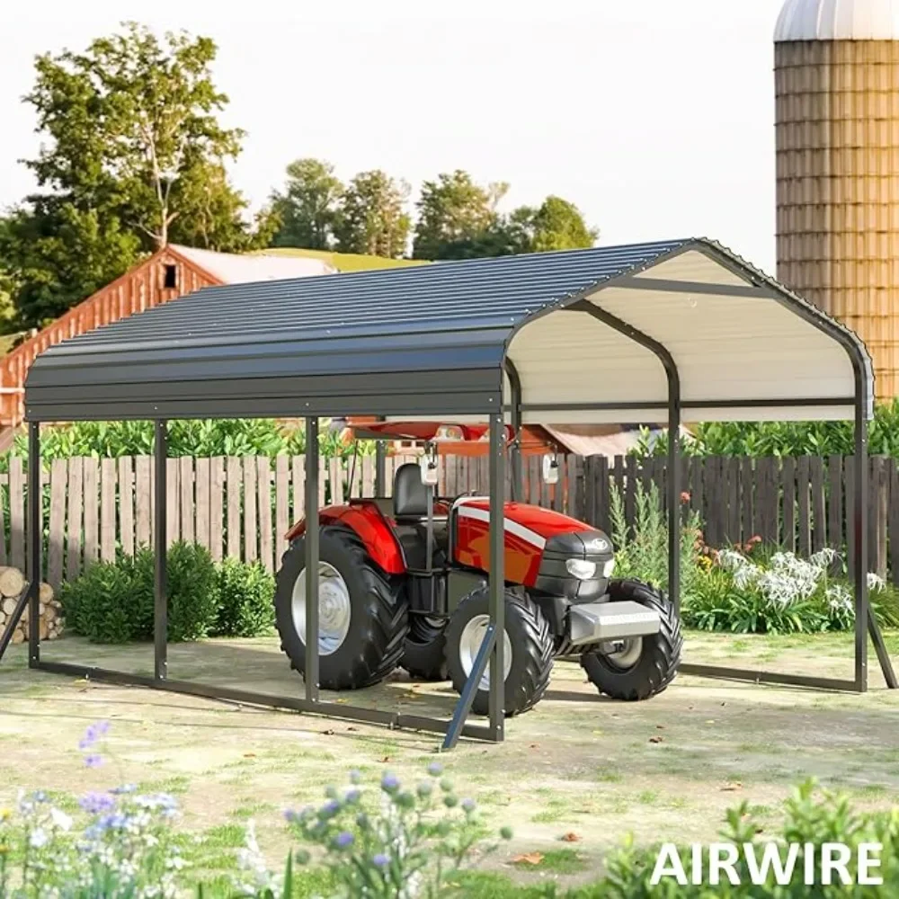 Carport 10*15 FT Metal Carport with Reinforced Base Outdoor Heavy Duty Garage Galvanized Car Shelter for Pickup, Boat,