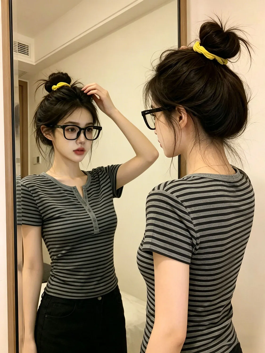 Retro American Style Women's T-shirt Summer New Gray Stripes Button Short Sleeve Slim Fit round Neck Commute Style Fashionable