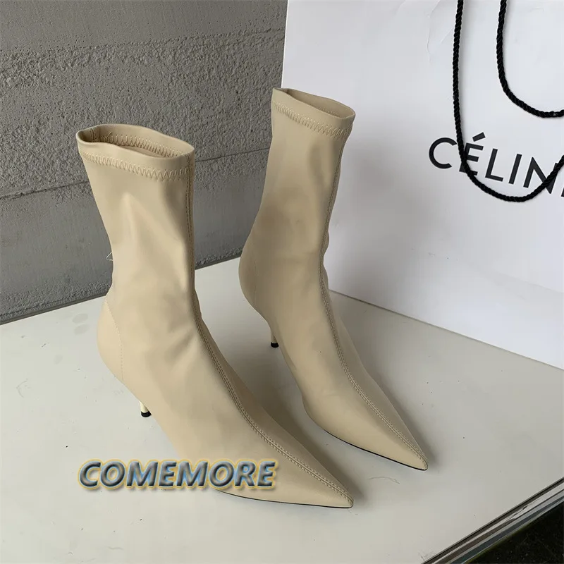 2023 New Spring Autumn Stretch Fabric Women Ankle Boots Sexy Party Pointed Toe High Heels Fashion Female Socks Pumps Shoes Black