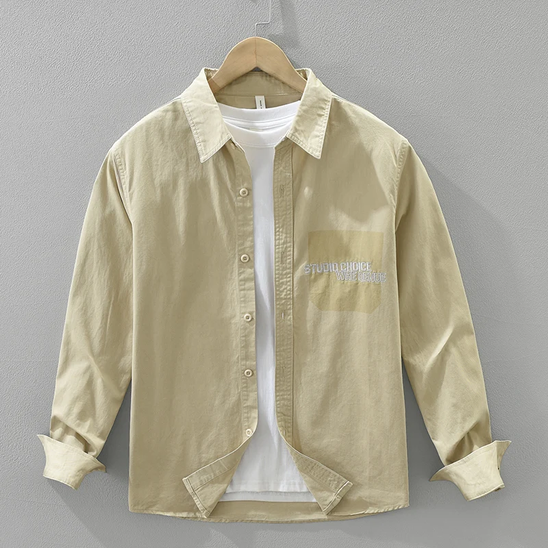 

2026, весенне-осенняя новая рубашка из 100% хлопка с длинными рукавами и вышивкой букв для мужчин, одежда с отложным воротником, универсальная уличная одежда