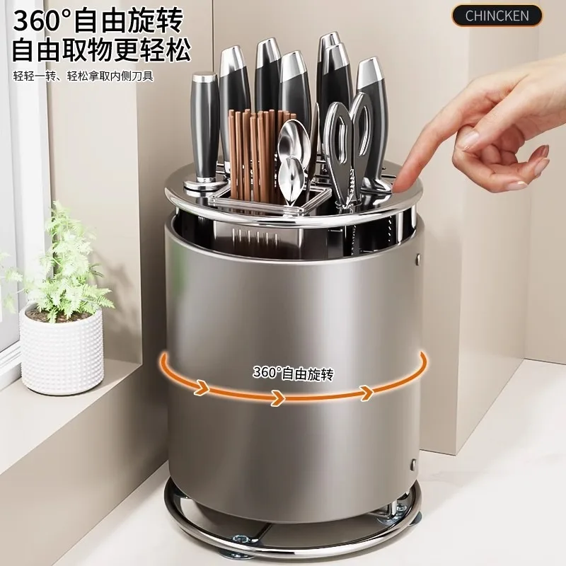 Stainless Steel Kitchen Rotating Knife Holder Countertop Storage Rack Multifunctional Chopstick Holder Storage Box