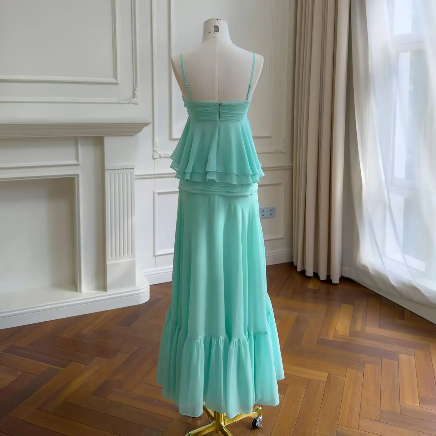 Green Chiffon 2 Pieces Spaghetti Straps Evening Dress A-Line فساتين سهره فاخره 2026 Irregular Split Ruffles Party Prom Gown