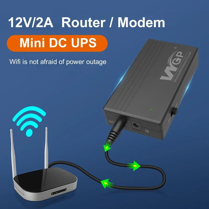 WGP Mini UPS DC مصدر طاقة غير منقطع محمول 18650 بطارية احتياطية 12 فولت 2A راوتر مزدوج مودم واي فاي 220 فولت مع شحن