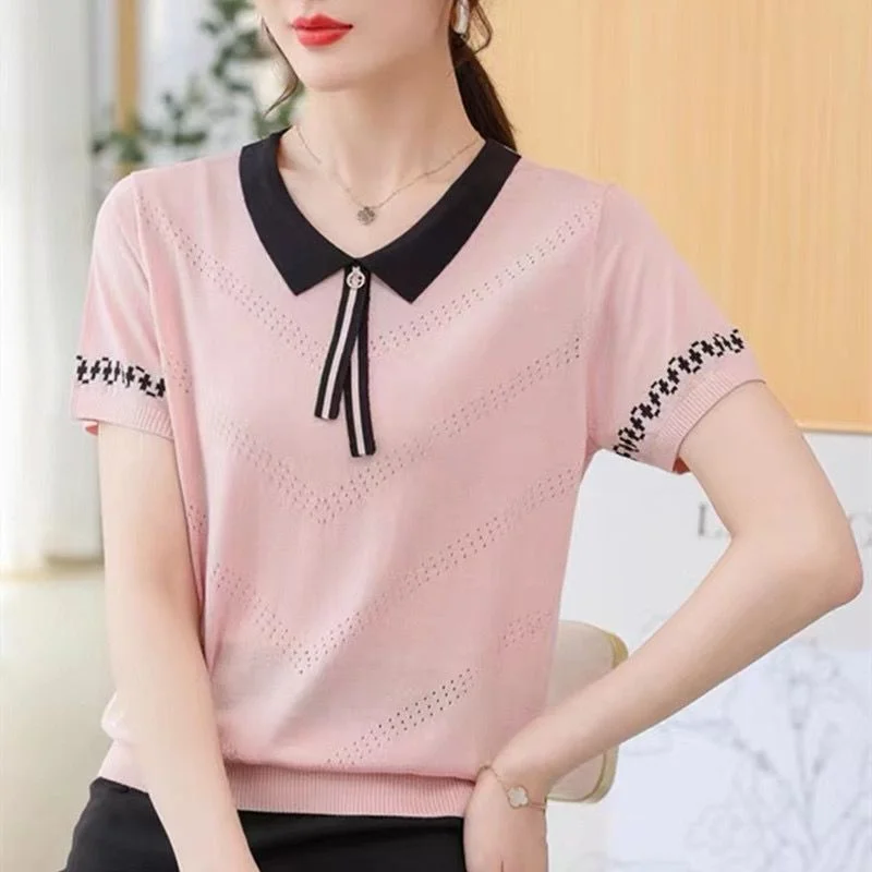 Women's Summer Ice Silk Knit T-shirt Peter Pan Collar Short Sleeve Loose Casual Blouse Plus Size