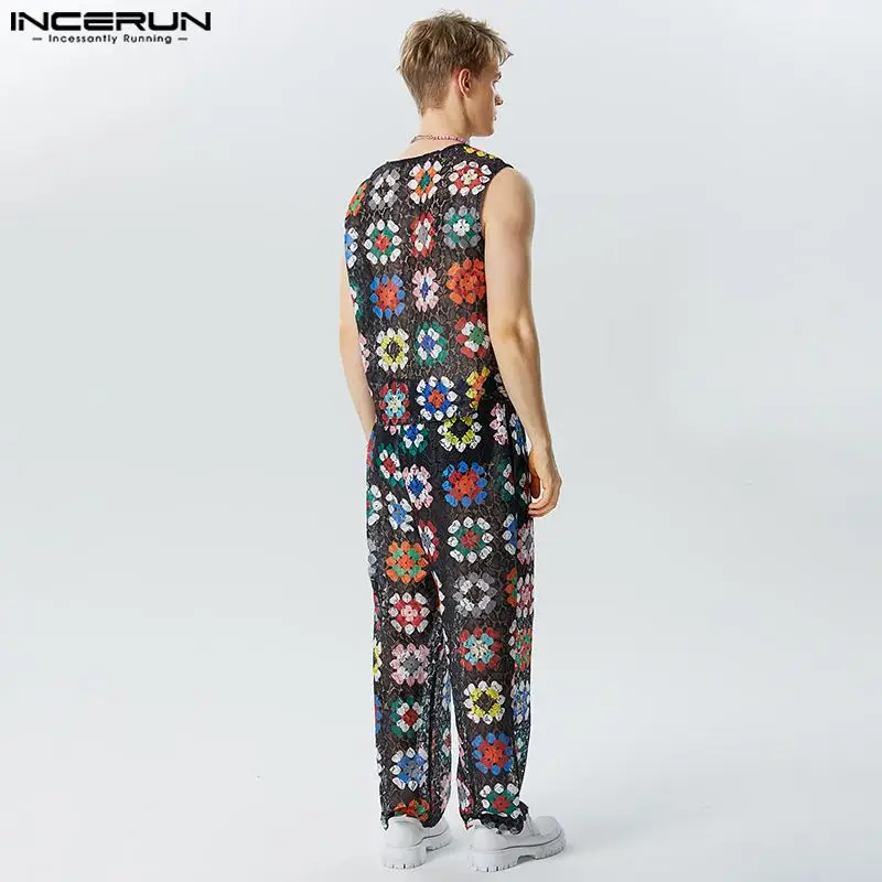 INCERUN Men Sets Lace Flower Printing Transparent V Neck Sleeveless Tank Tops & Pants 2PCS Streetwear 2023 Sexy Men Suits S-5XL