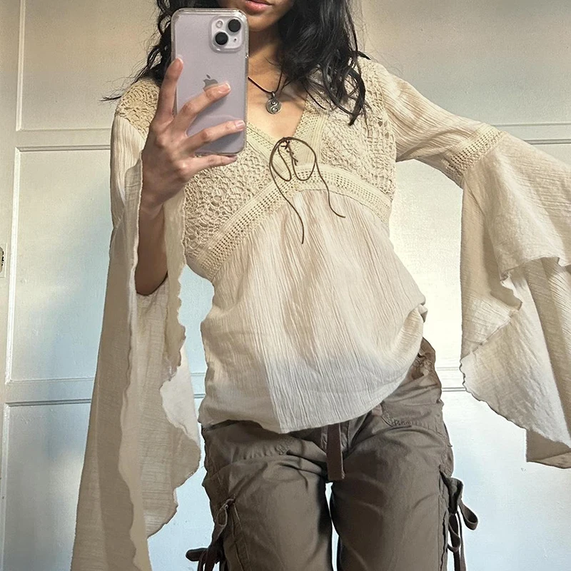 Rapcopter y2k Lace T Shirt donna Flare Full V Neck Bow Vintage Fairycore pullover Bohemian Harajuku Cute Chic Tee autunno nuovo