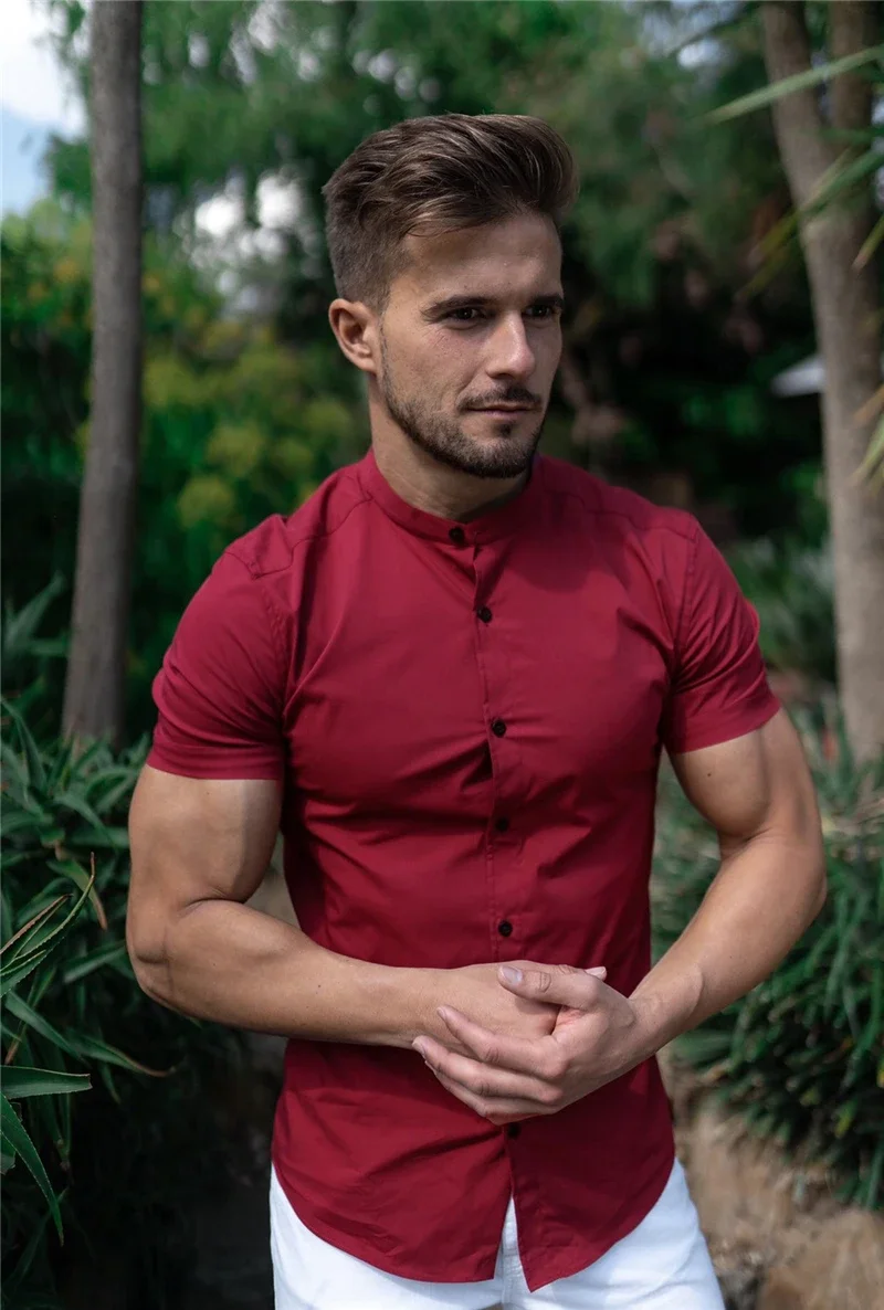 Mens Short Sleeve Shirt Summer Plain Slim Fit Dress Shirts Fitness Men Gym Clothing Fashion Casual Social Stand Business Shirts