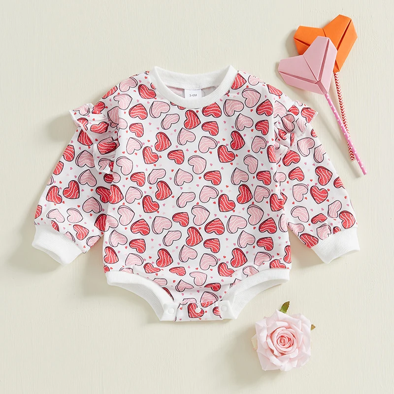 

Baby Girl Valentine’s Day Romper Long Sleeve Round Neck Heart Print Ruffle Bodysuit Newborn Outfit for 0-18 Months