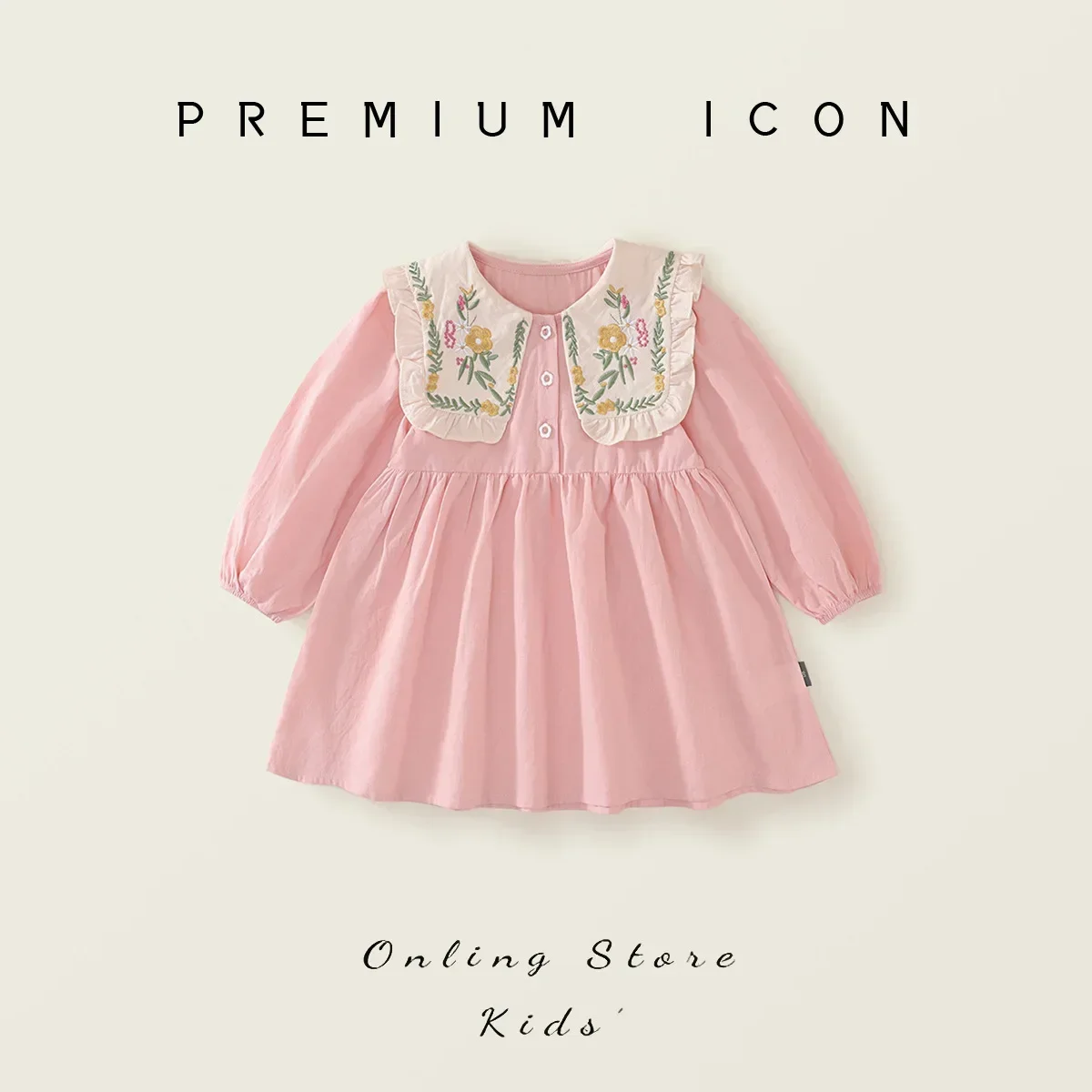 

Baby Girls Dress French Bubble Sleeve 2025 Spring New Embroidered Turn down Collar Childrens Sweet Princess Dress