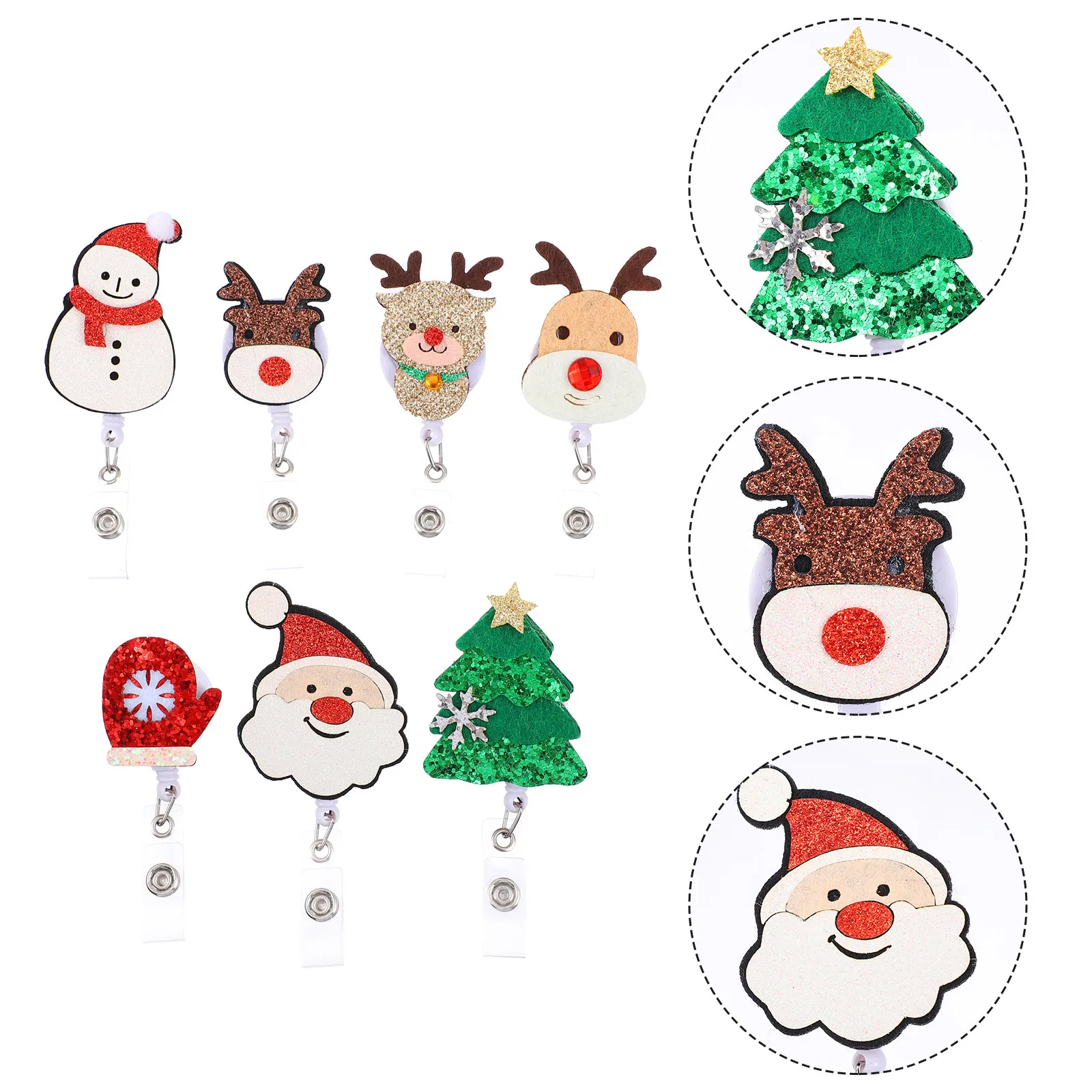 7個入り-スパンコール-クリスマスバッジホルダー-フェルト製-伸縮式バッジクリップ-回転式ワニ口クリップ付き-idカード、鍵、クレジットカード、看護師用