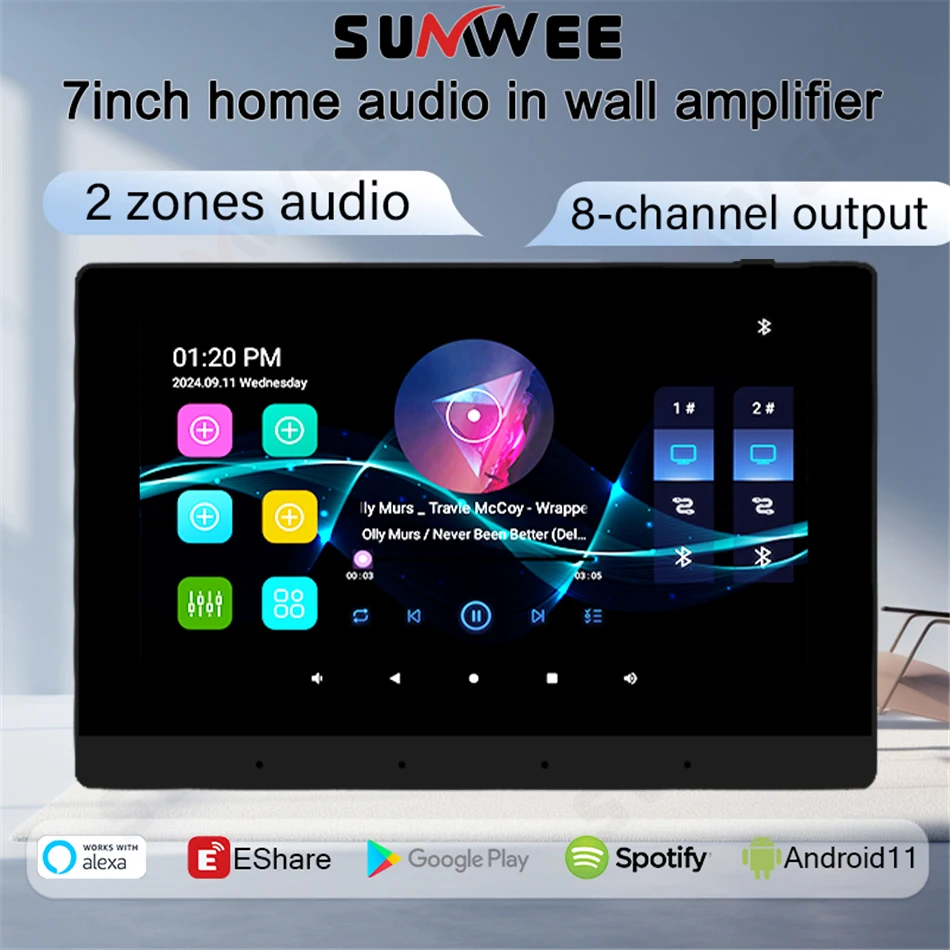 

7inch touch screen Android11 system wifi smart home bluetooth sound in wall amplifier 2 zone audio 8*25W music player panle HDMI