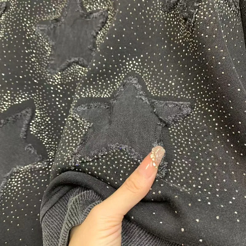 Moda novo outono y2k mangas compridas casaco pesado bordado cheio de diamante estrela de cinco pontas comprimento médio solto moda moletom topo