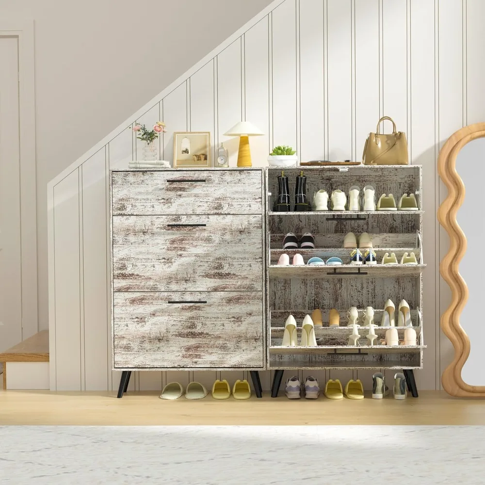 

Rustic White Shoe Cabinet Storage with 2 Flip Drawers Narrow Farmhouse Shoe Organizer Cabinet 3 Tier Freestanding Rack Cabinet f