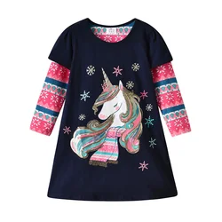 VIKITA Girls Licorne Sequined Appliqued Dress Kids Snowflakes Print Christmas New Year Xmas Cotton Casual Gift Straight Dress