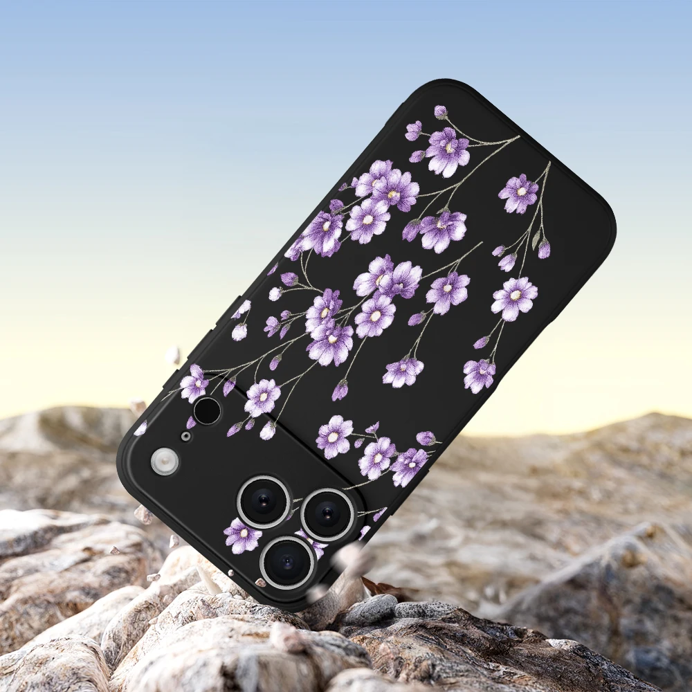 آيفون 17 برو ماكس 17 الهواء 16 15 14 13 12 11 برو ماكس XS ماكس 7 8 زائد 16e 16 زائد غطاء من البولي يوريثان كوكه الضوء الأرجواني الأزهار جراب هاتف