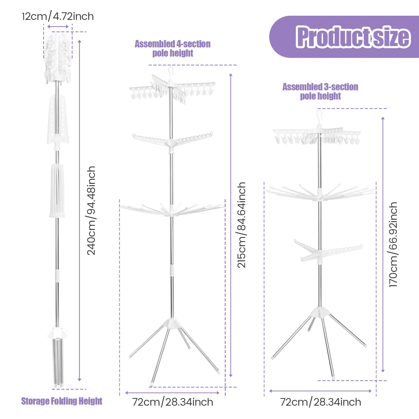 3-Tier Clothes Drying Rack Collapsible Laundry Drying Rack with Rotatable Arms 24 Clips Large Clothes Drying Tree for Balcony