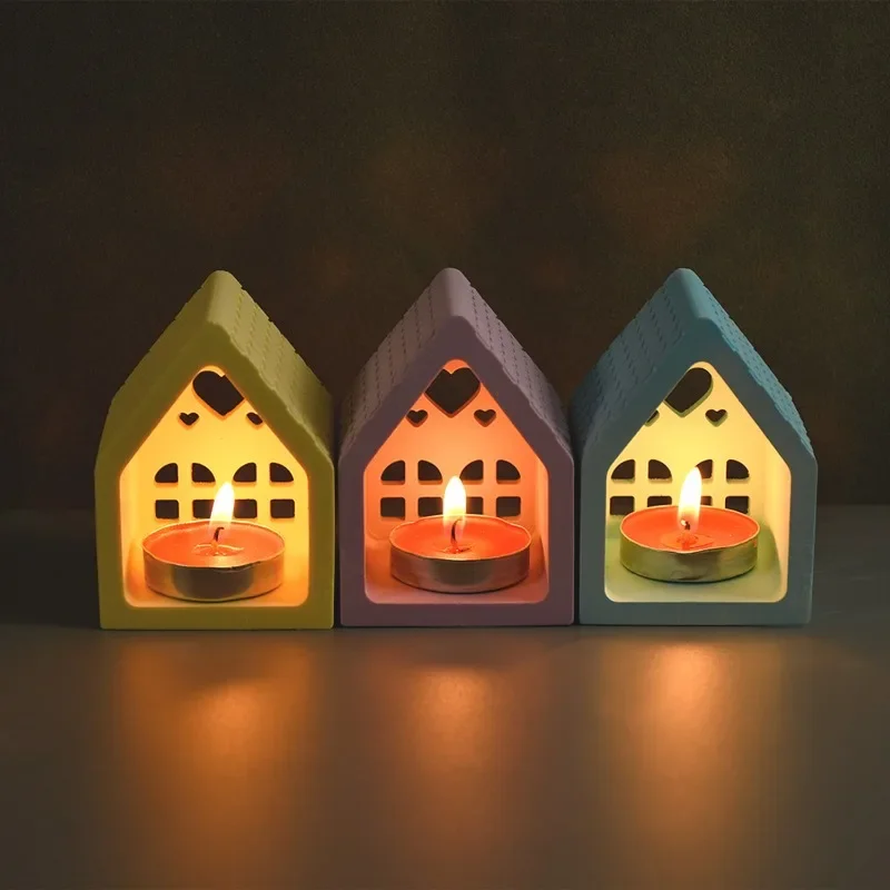 Hollow House Silicone Mold Church Window Tealight Holder Molds Concrete Candle Holder Cement Light House Resin Decoration Mold