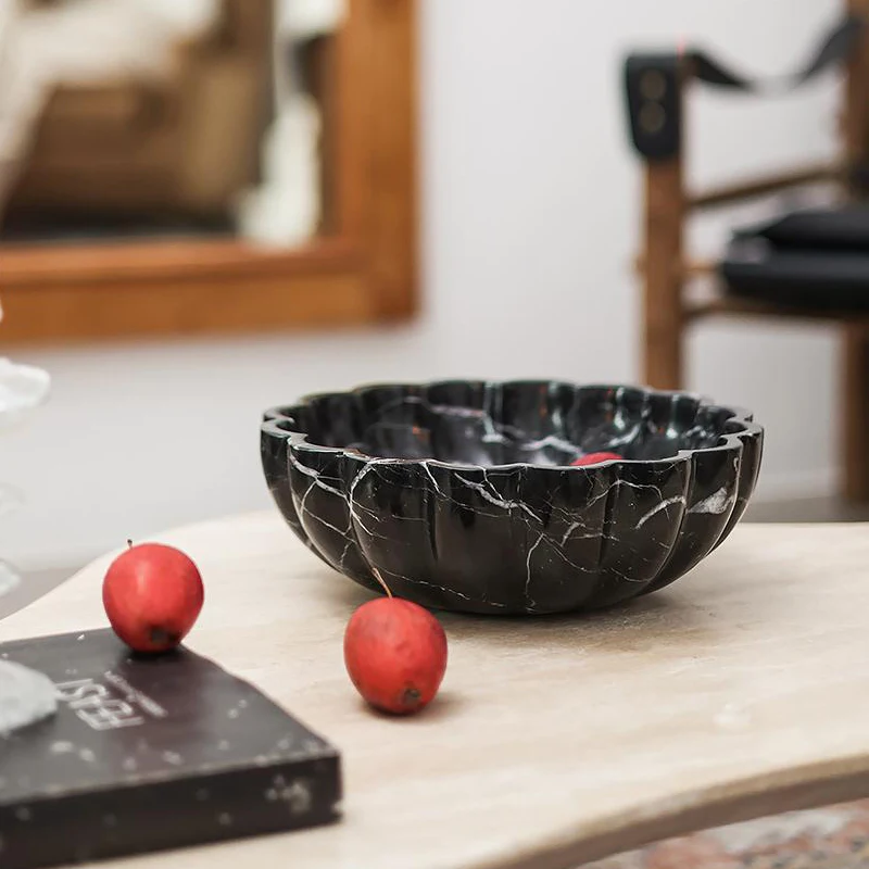 Light Luxury Marble Fruit Plate Model House Living Room Natural Black Desktop Art Luxury Stone Jewelry Storage Ornaments
