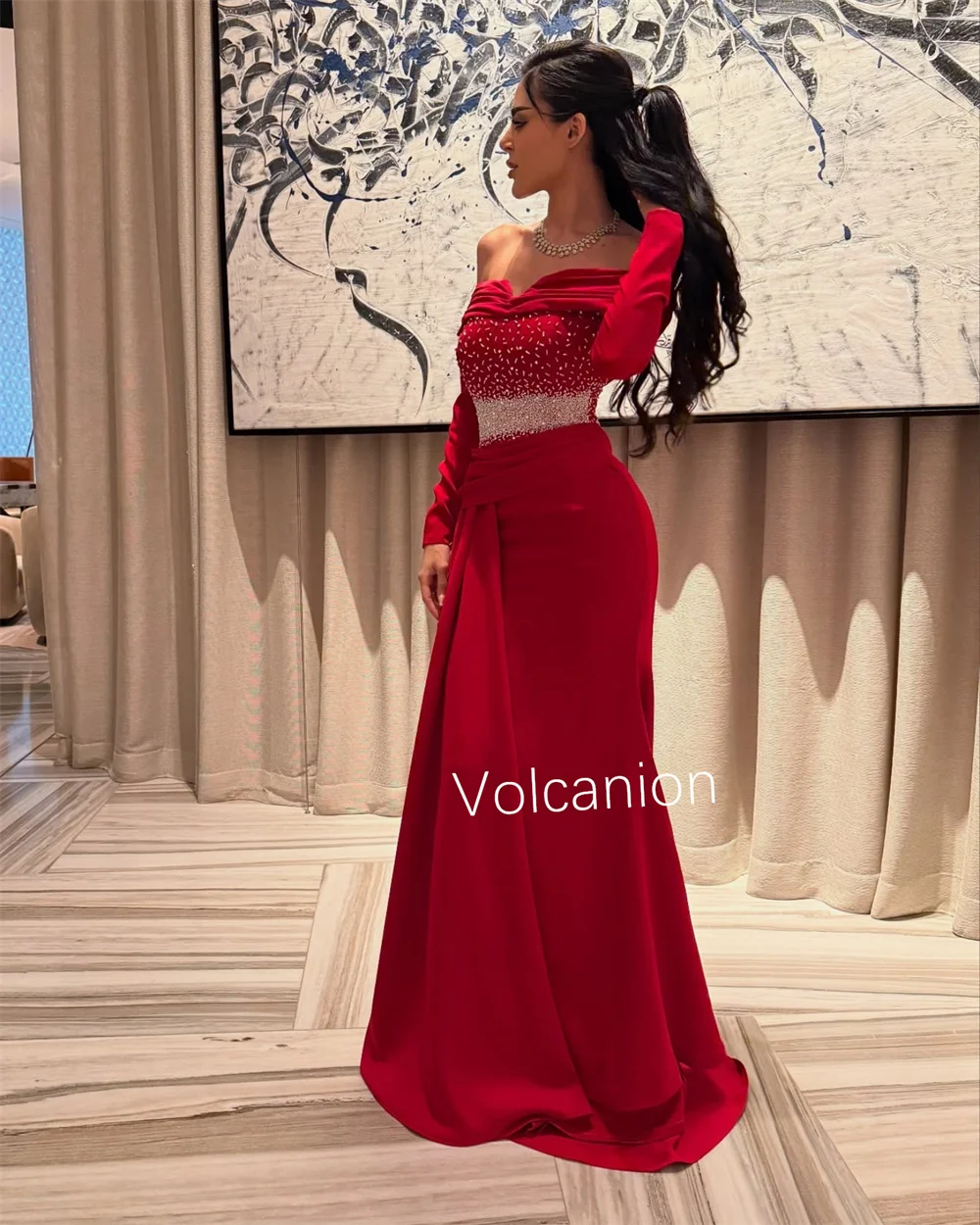 تخصيص الرسمي جيرسي مطرزة الطية مستقيم خارج على الكتف فساتين طويلة مناسبة مخصصة رائعة