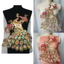Sequin Peacock Rainbow Rhinestone Feather Tail Embroidered Gown Appliques Lace Fabric Red Mesh Sew Patch For Wedding Decoration