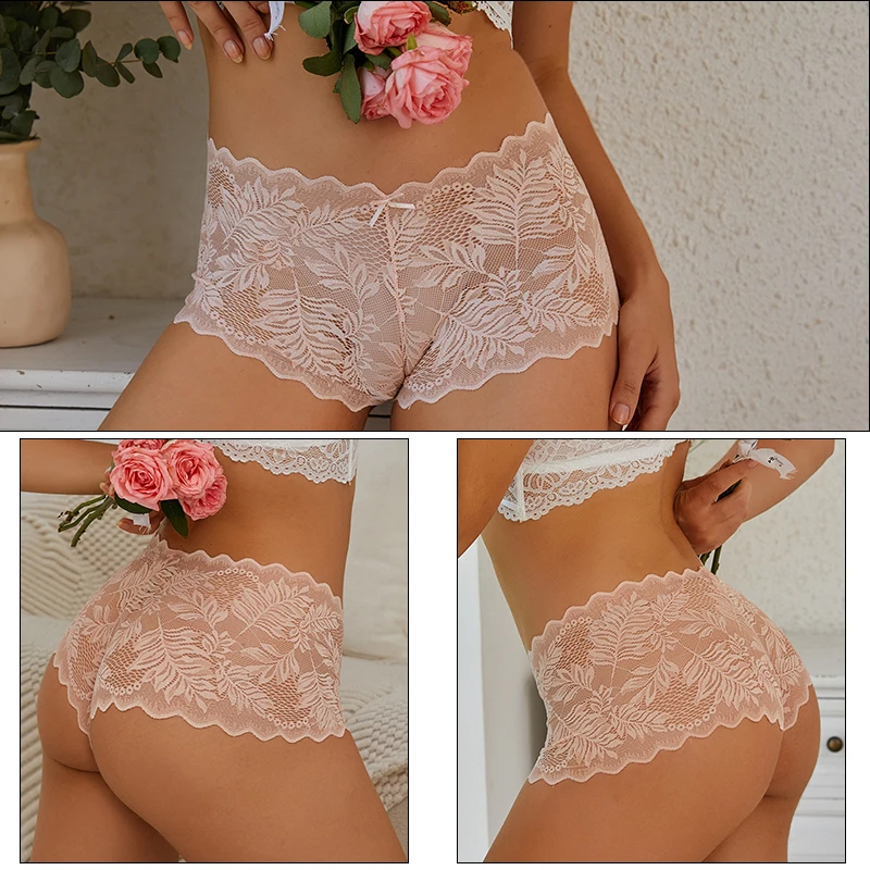 FINETOO 3PCS Sexy Women Floral Lace Panties High Waist Briefs Lingerie Brazilian Underpants For Female Underwear Intimates S-XL