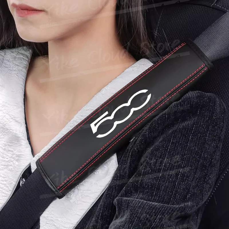 1pcs For 500 LOGO Abarth 500X 595 Bravo Panda Grande Punto Car Safety Belt Shoulder Leather Cover Pads Accessories