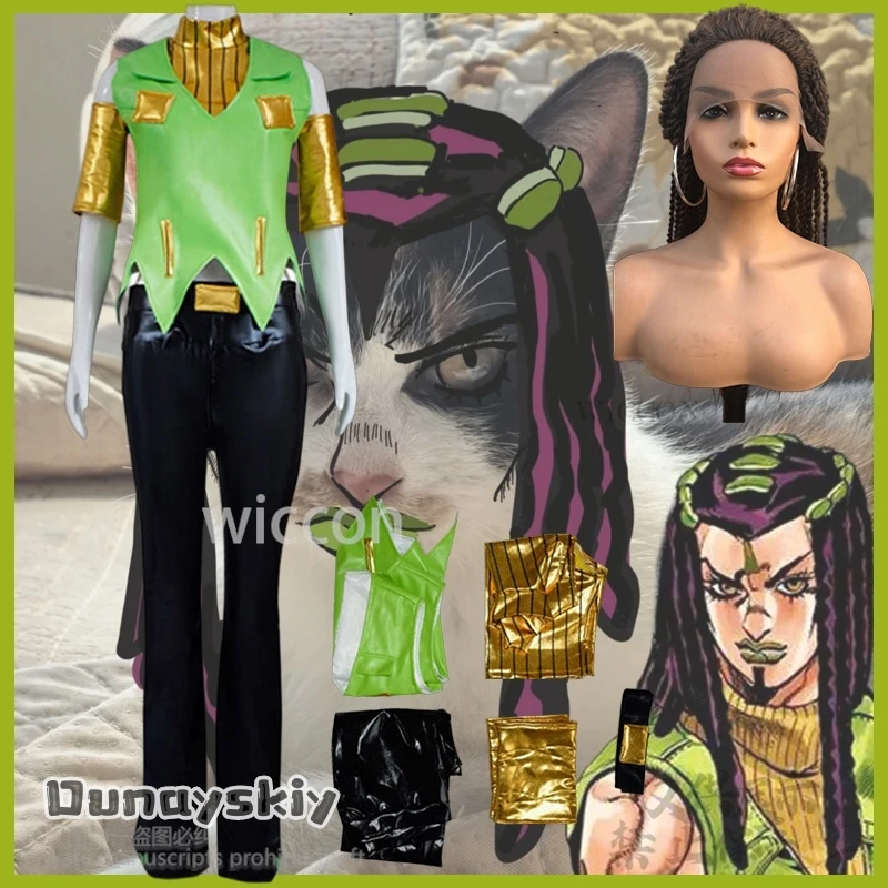 

Ermes Costello Cosplay Jo Stone Anime Ocean Costume Green Sexy Punk Leather outfit Vest Top Pants Y2k Cos Lace Wigs Customized