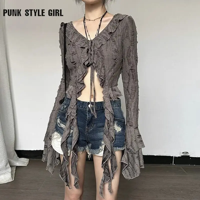 2024 Harajuku Gothic Vintage Y2k Lace Up Shirt Women Aesthetic Crop Irregular Blouses Coquette V Neck Grunge Korean Fashion Tops