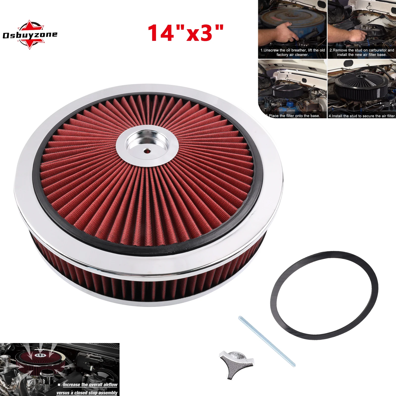 

14"x3" Chrome Red High Flow Thru Air Cleaner Filter Top SBC BBC Hot Rod FOR GMC Chevy Ford Chryler Dodge V8 5-1/8" Carb Neck