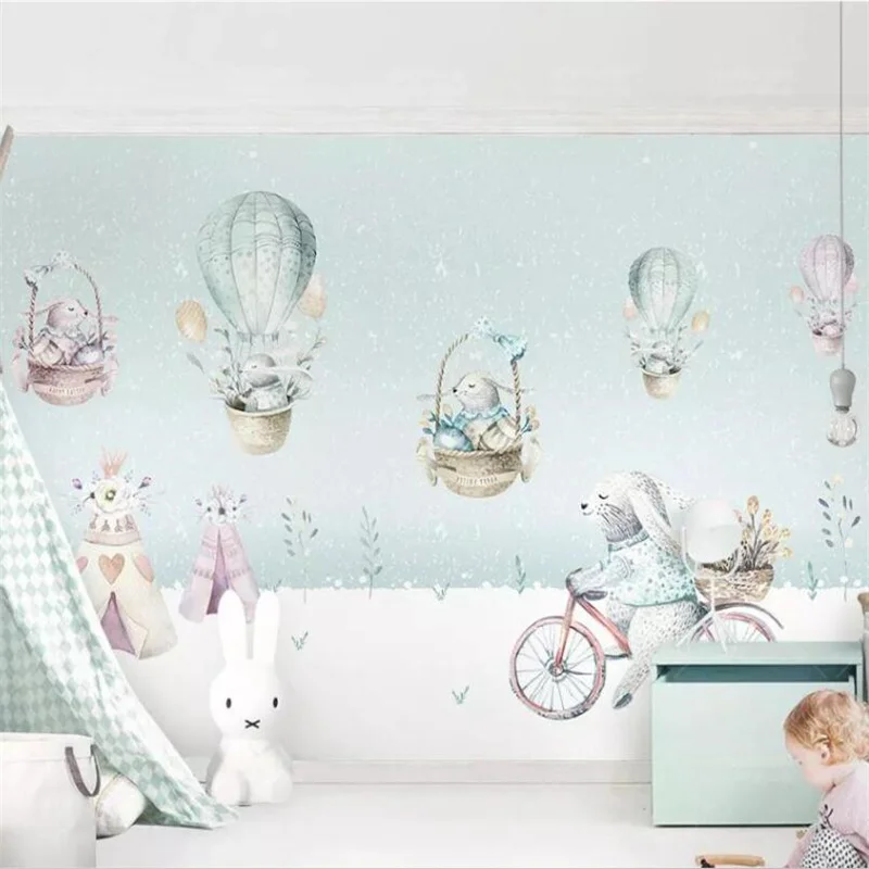 

BEIBEHANG Custom wallpaper 3D murals biking bunny hot air balloon Nordic children's room background wall bedroom decoration