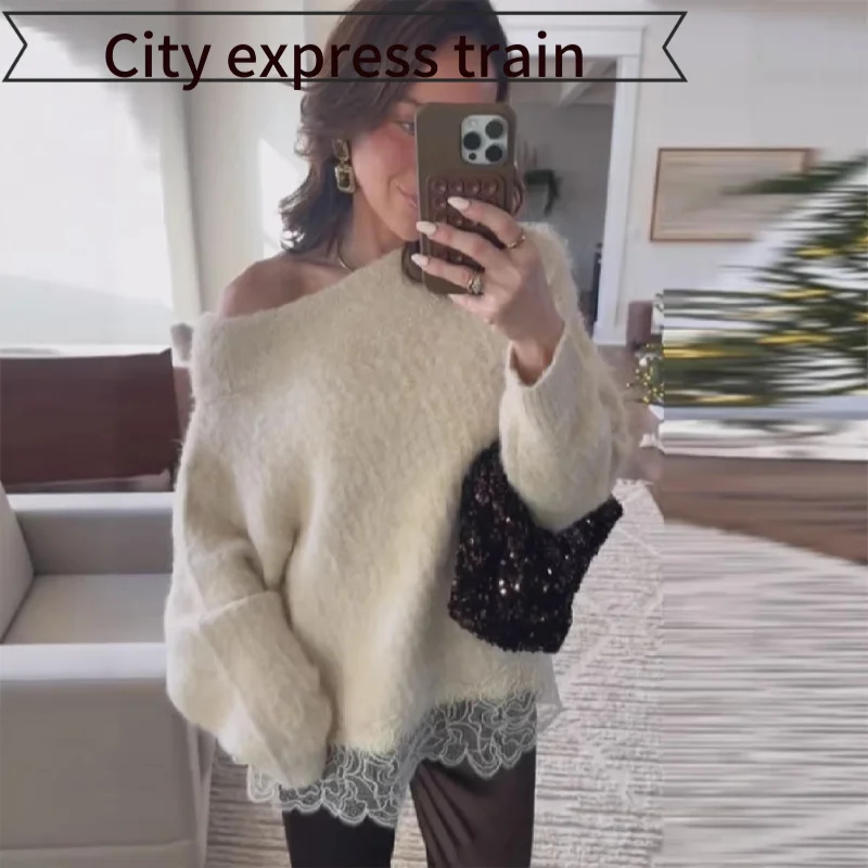 

Faionable Belted Slim Fit Cardigan Sweater Lace Splicing Casual Sle Long Sve Mid-Thi Winter Women's Knitwear