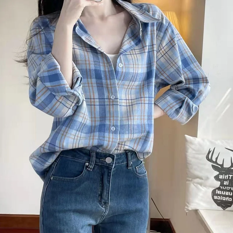 

Casual Commuting Checkered Long Sleeved Shirt for Women's Spring Autumn New High-end Simple Loose Trendy Pure Cotton Shirt Top