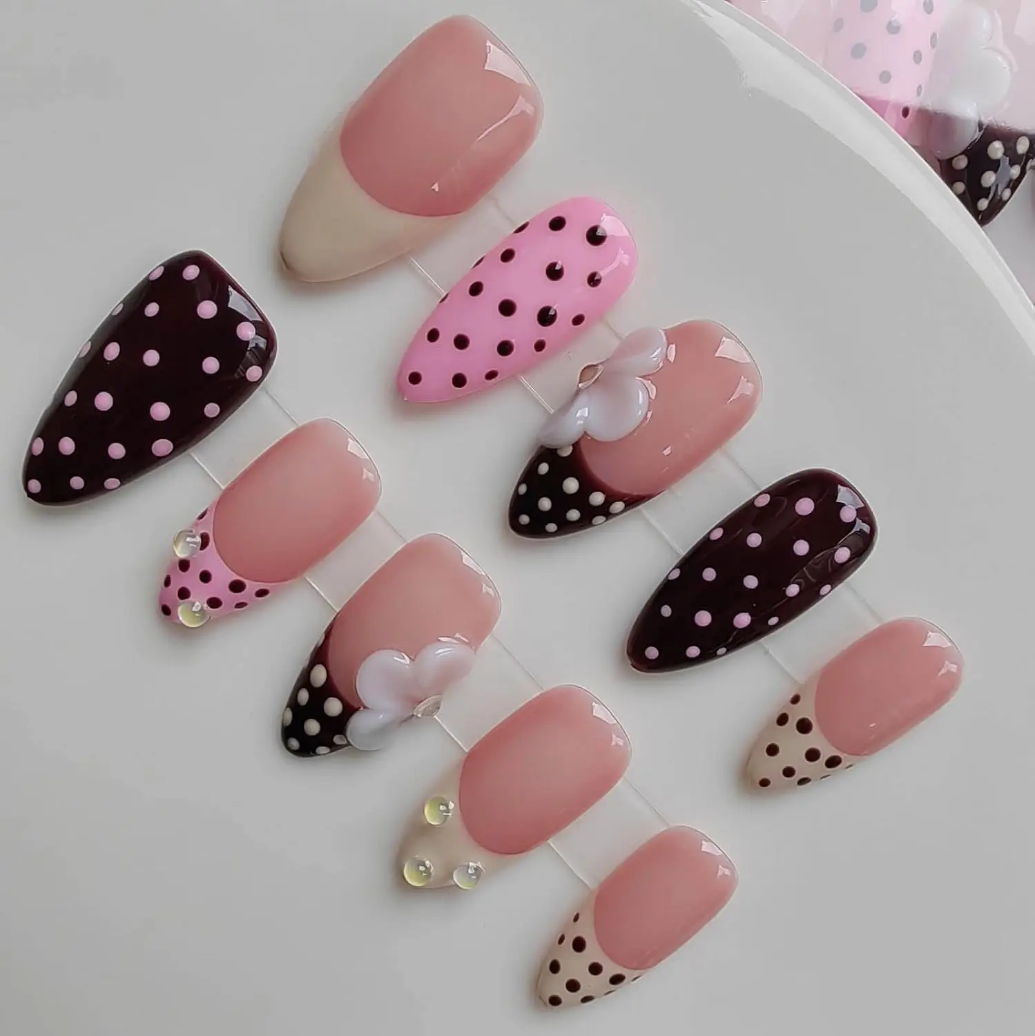 Nude Almond Press on Nails with Floral Design