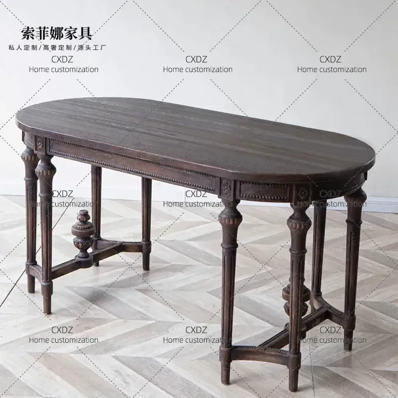 Retro Solid Wood Carved Flower Oval Dining Table Long Table Medieval Style Vintage Customizable Furniture