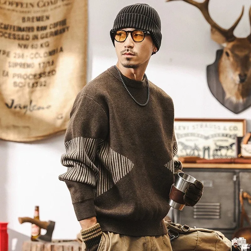 

American Sle Thiened Winter Sweater Men's Loose Knitted irt Autumn Winter Outerwear Casual round Ne Stripe Pattern