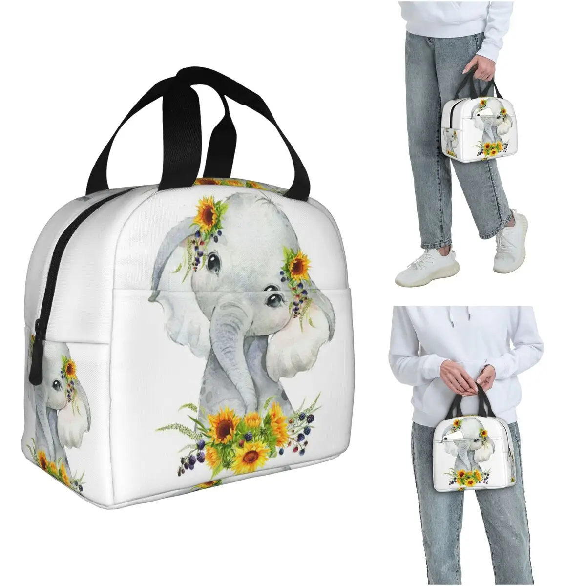 

Cartoon Elephant And Sunflower Insulated Lunch Bag for Women Children Portable Food Boxes Thermal Lunch Box Tote