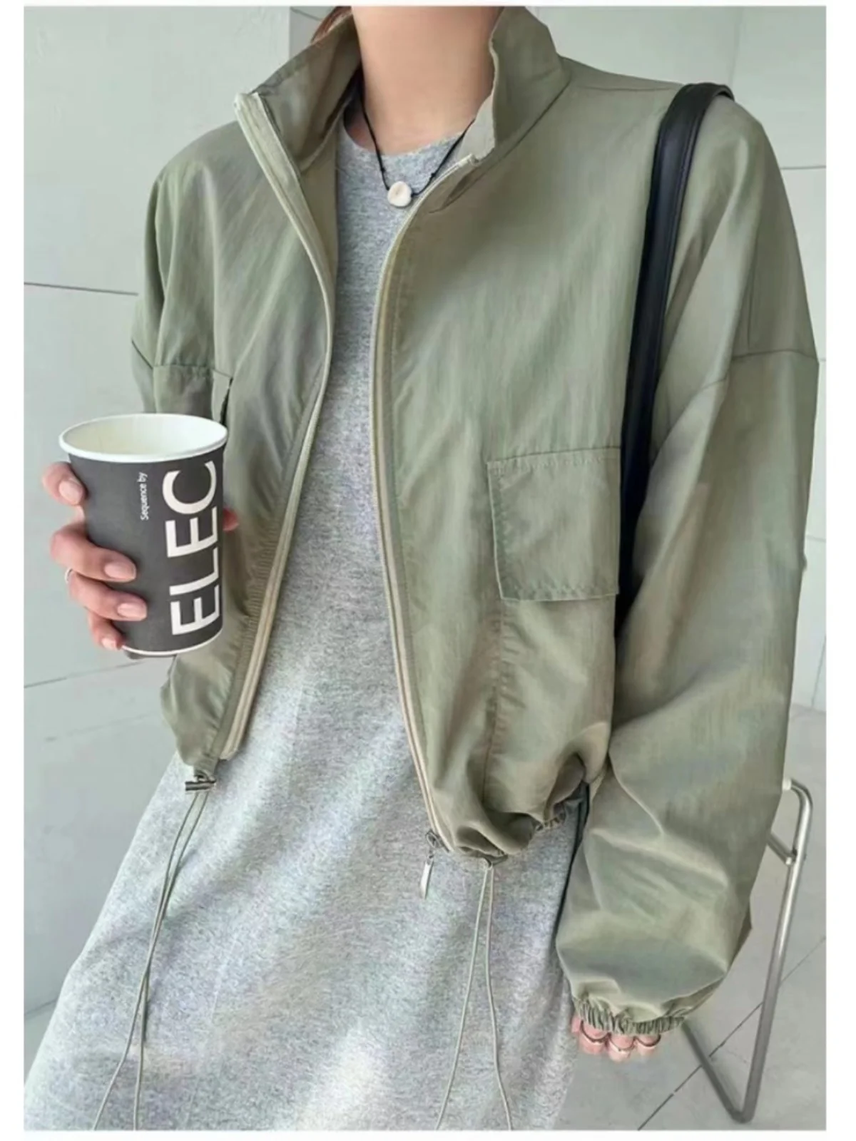 

Women's ort Zipper Jaet Korean Retro Loose Design Sense Thin Dstring Small Size Waist Inward Outerwear Top