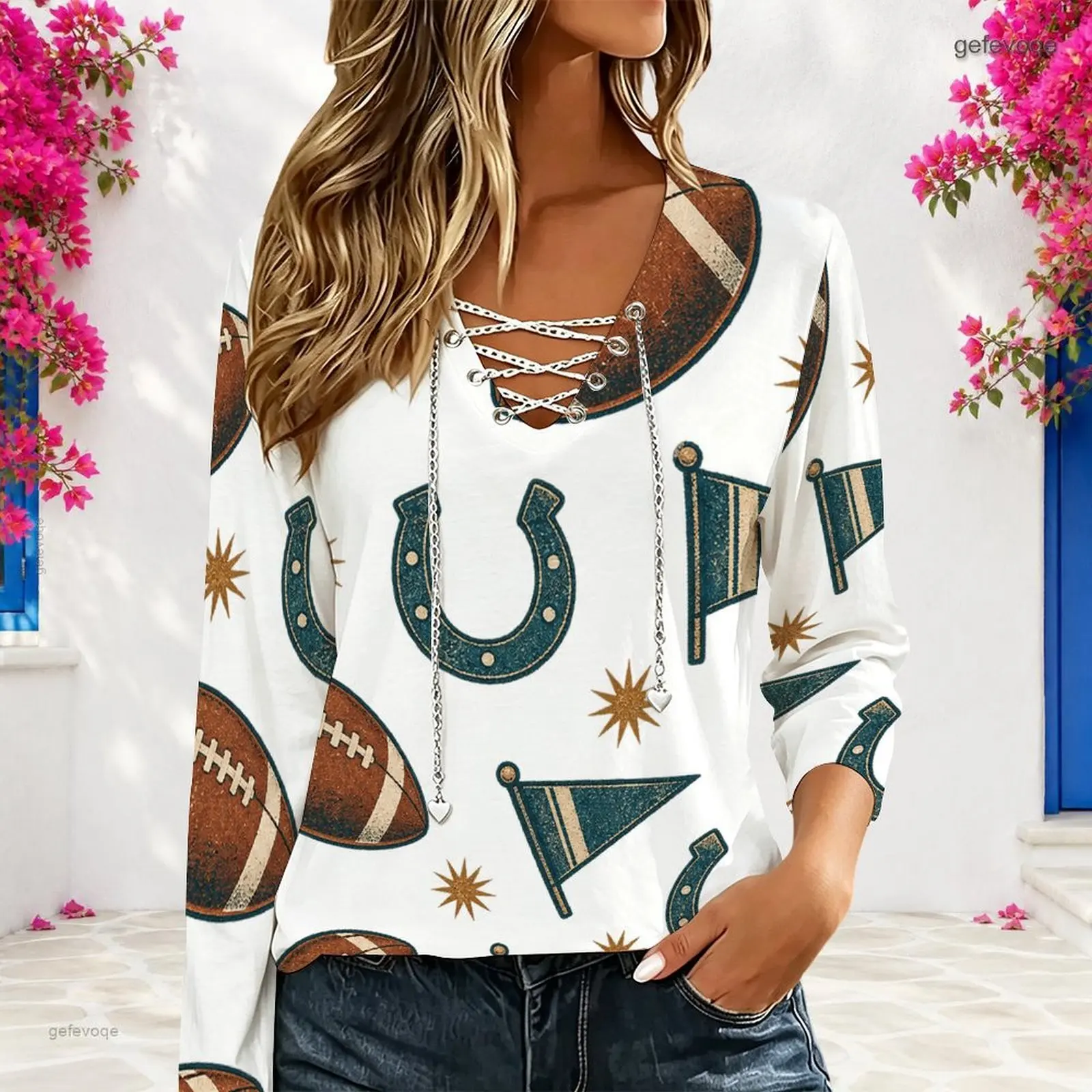 Women White Printed Long Sleeve Top, Lace Up Eyelet Chain V Neck with Football Horseshoe Flag Star Patterns