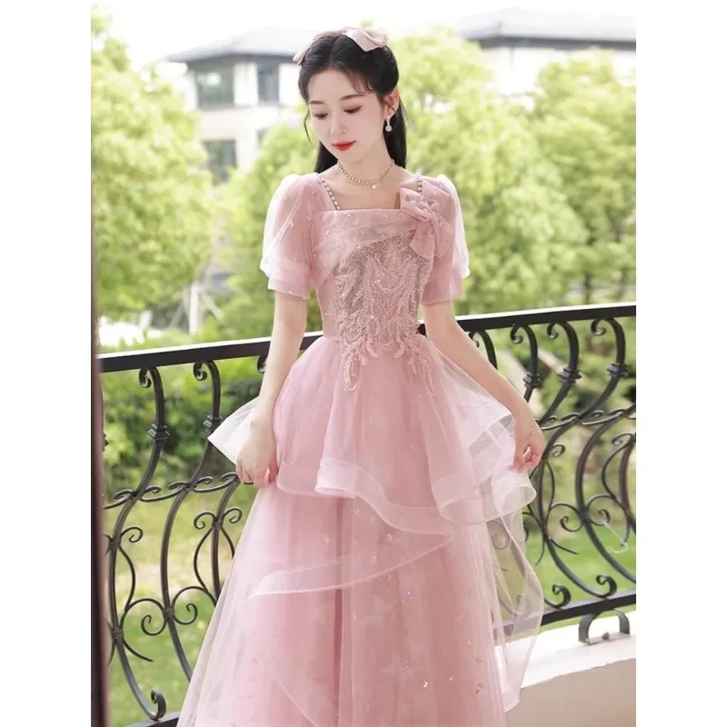 فستان سهرة نسائي وردي طويل خرافي خفيف فاخر ذو إحساس عالٍ فستان الأميرة الصغير لعيد الميلاد