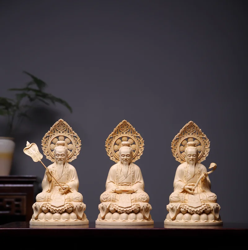Hinoki Wood Hand Carved Sanqing Taoist Deity Statue Set Figurine Spiritual Altar Ornament Gift for Home Temple Decor