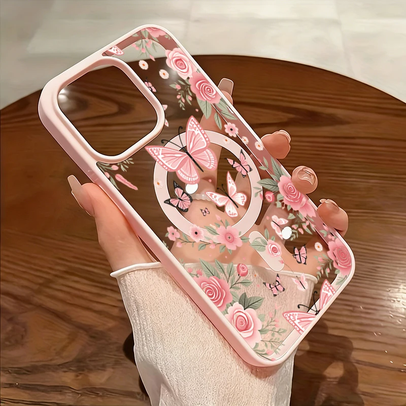 Magnetic Phone Case For Samsung Galaxy A17 A37 A57 A56 A55 A54 S26 Ultra S25 Plus S24 S23 FE Pink Flower Butterfly Design Cover